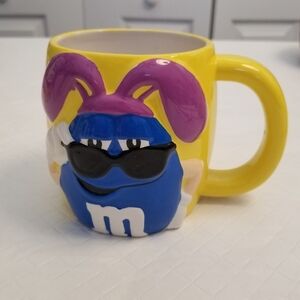 M&M's Easter Ceramic Mug Blue on Yellow . Purple Bunny Ears